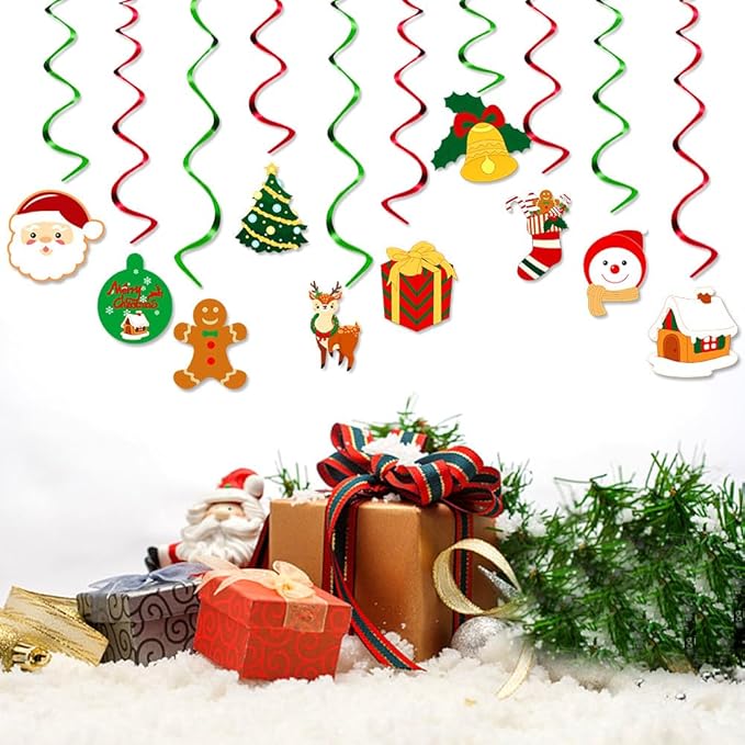 Merry-Christmas Ceiling Hanging Foil-Swirl Decorations - 20pcs Red Green Tree Socks Snowman Santa Claus Elk Gifts Streamers Garland, Fireplace Window Room Indoor Holiday Party Supplies Hugtmr
