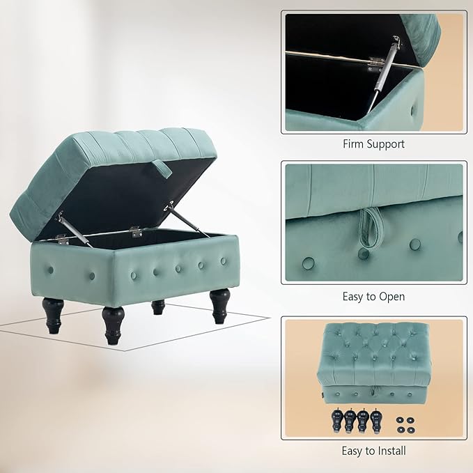 Artechworks Rectangular Storage Coffee Table Ottoman,Button Tufted Velet Upholstery Footstool Bedroom Ottoman for Living Room, Home Office, Space-Saving Storage Toy Box Stool, Light Blue