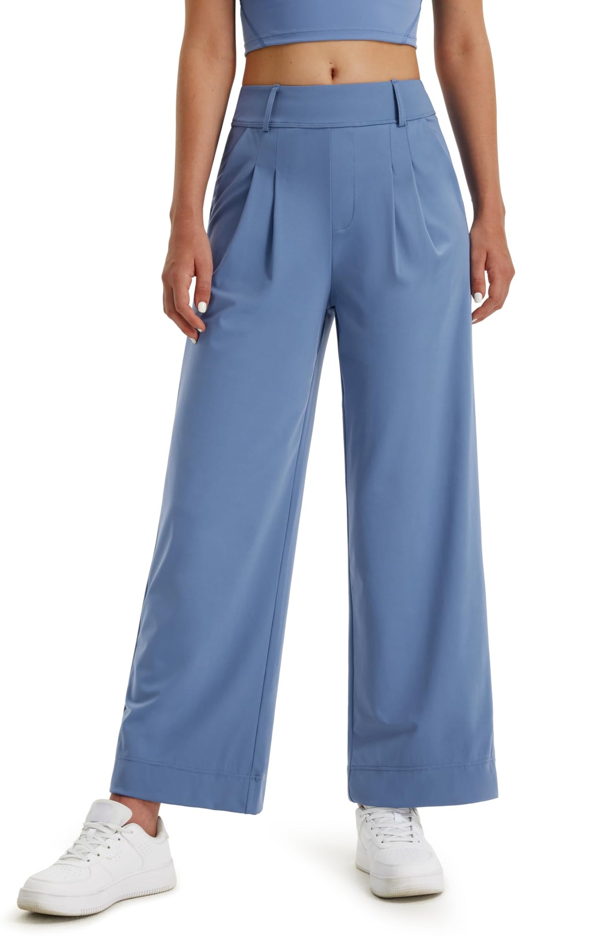 Libin Women's Wide Leg Work Pants 29" High Waisted Stretch Dress Casual Sweatpants Business Office Pants Trousers with Pockets,Dusty Blue,Medium