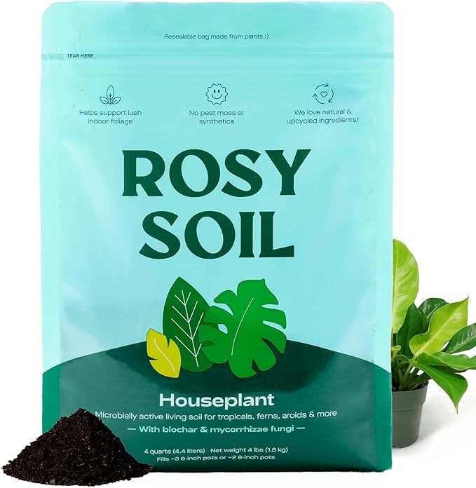 Rosy Soil Houseplant Potting Soil, Organic Indoor Potting Mix with Biochar and Worm Castings for Monstera, Pothos, Tropical Indoor Plants - Peat Free - 4qt