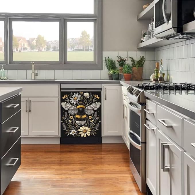 Flower and Bee Pattern Dishwasher Magnet Cover Sticekr,Refrigerator Magnet Cover Decal Fridge Microwave Stickers Kitchen Decor,23W x 17H inchs