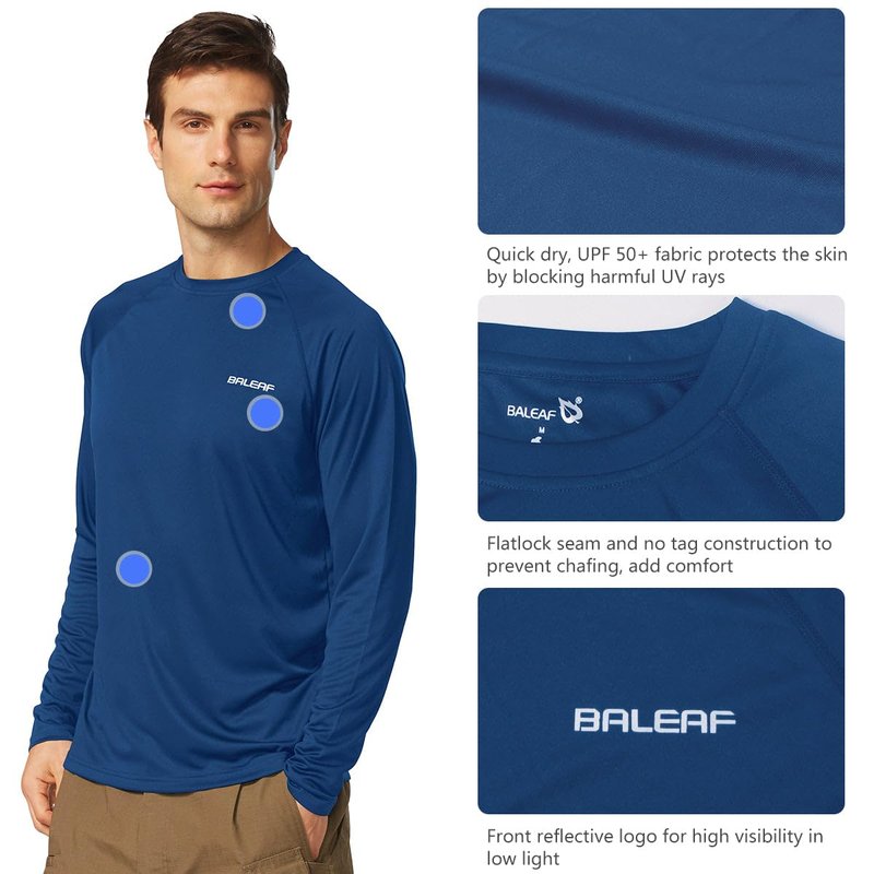baleaf Mens UPF 50+ Sun Protection Shirts Long Sleeve Rash Guard, Quick Dry 4-Way Stretch for Fishing Swimming Surfing 01-Ocean Blue L