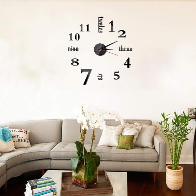 Hxezoc 10inch-20inch Frameless DIY Wall Clock Black 3D Mute Round Shape Quartz