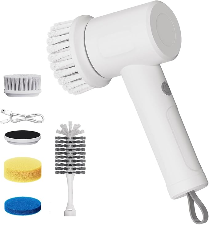 Electric Scrubber Spin- Rechargeable Cordless Handheld Spin Brush with 4 Replacement Brushs with 2 Adjustable Speed Mode for Kitchen,Sink, Bathtub Stovetop ect.
