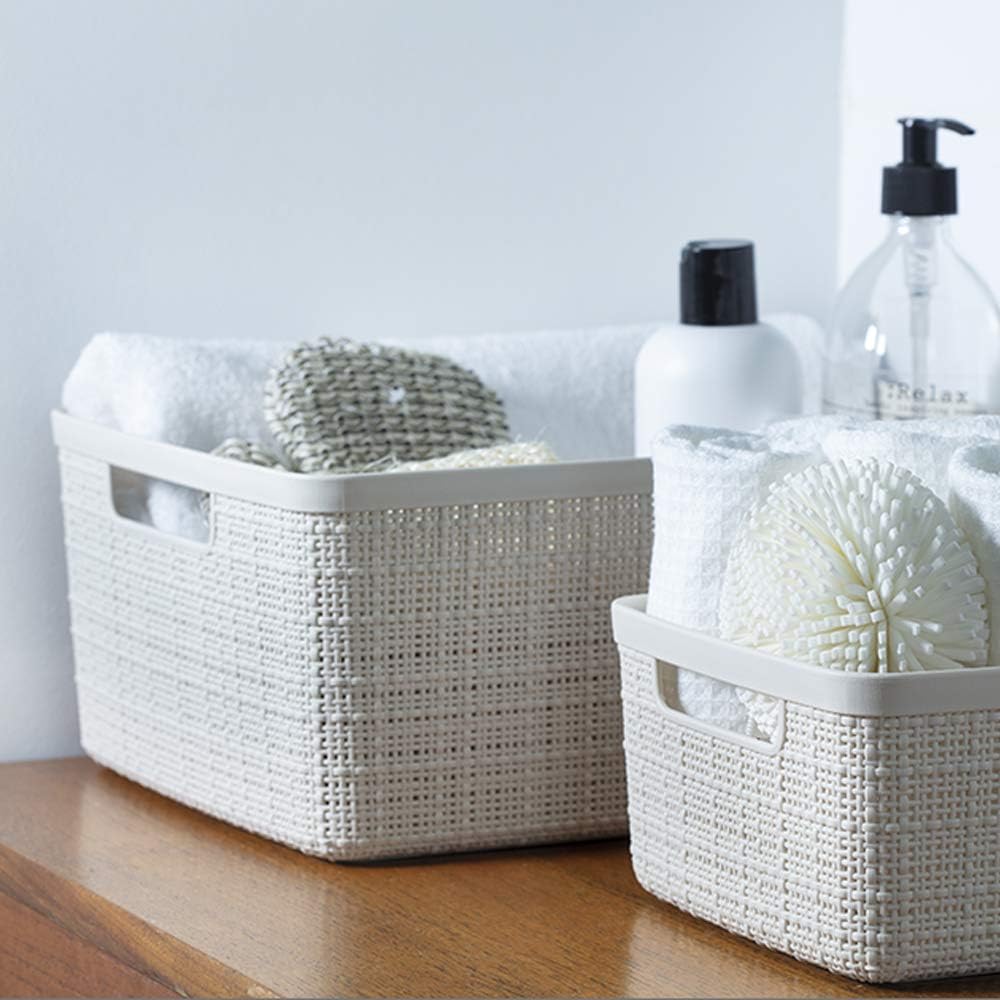 Curver Set of 6 Jute Medium Decorative Plastic Organization and Storage Baskets, Perfect Bins for Home Office, Closet Shelves, Kitchen Pantry and All Bedroom Essentials, White