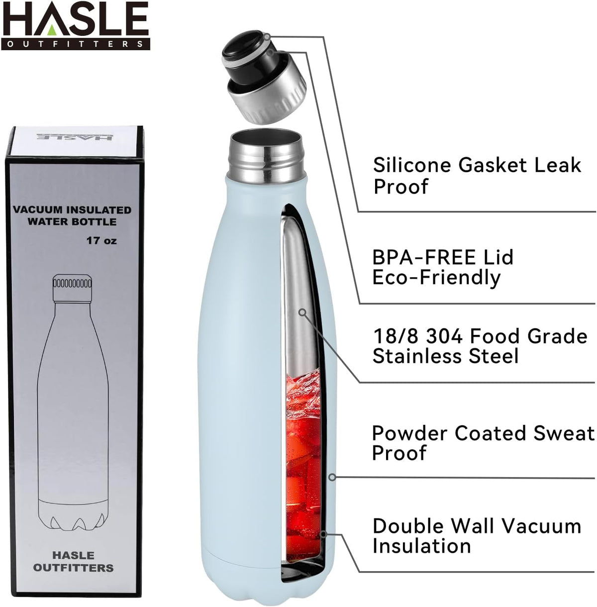 HASLE OUTFITTERS 17oz Stainless Steel Water Bottles Bulk, Vacuum Insulated Water Bottles Double Walled Reusable Metal Sports Water Bottles Keep Drinks Hot and Cold, Light Blue, 8Packs