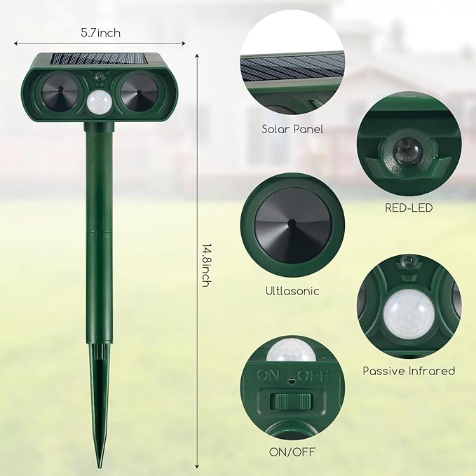 2 Pcs Upgraded Solar Animal Repellent Ultrasonic Outdoor for Cats Squirrels Racoons Rabbits Foxs Dogs Skunks Deer Repellent Devices Waterproof Motion Sensor Animal Repeller Deterrent for Yard Garden