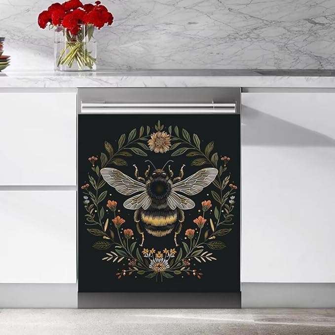 Flower and Bee Pattern Dishwasher Magnetic Cover Sticker Refrigerator Fridge Magnet Panel Decal Magnets Home Kitchen Fridge Front Door Cover 23W x 17H inchs