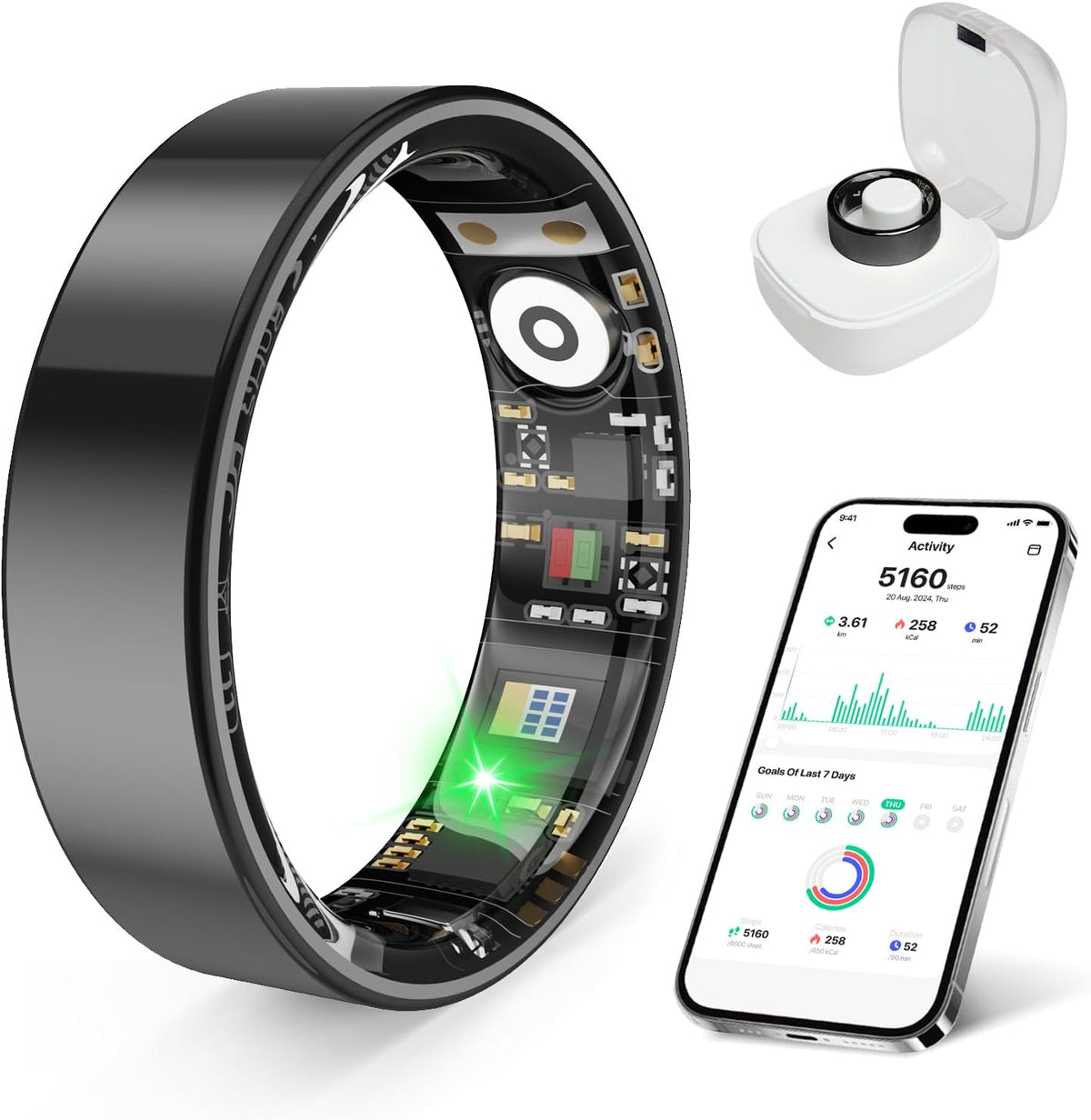 Smart Health Ring - Waterproof Fitness Tracker with Stress & Sleep Monitoring | Compatible with iOS & Android (Black, Size 12)