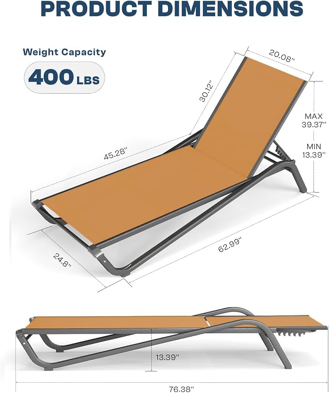 Patio Chaise Lounge Chairs Set of 6, All-Weather Aluminum Pool Loungers for Outside, 5-Position Adjustable Sunbathing Chairs for Tanning, Stackable for Backyard, Poolside, Solar Orange