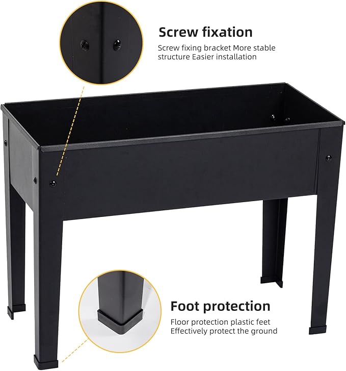 Raised Garden Bed, Elevated Planter Black Metal Plant Box with Legs Standing Garden Stand Drainage Holes Black(24" L x 11" W x 18" H)
