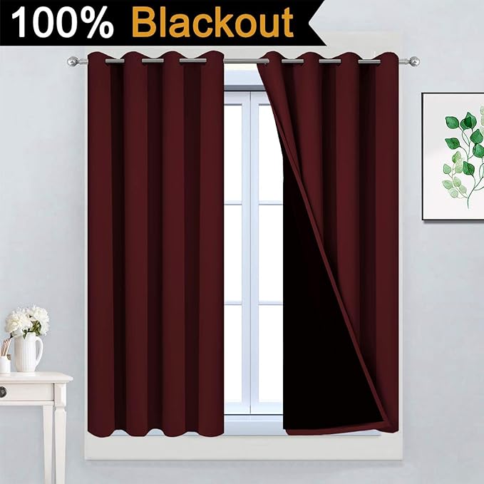 Yakamok 100% Blackout Curtains for Bedroom, Thermal Insulated 2-Layer Lined