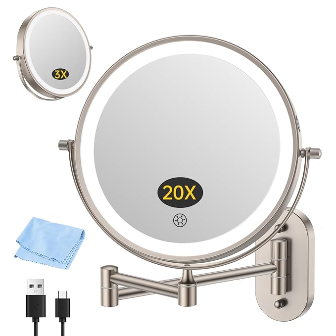 FUNTOUCH 3X/20X Wall Mounted Lighted Makeup Mirror, 5000mAh Rechargeable Double
