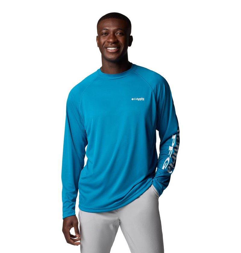 Columbia Men's PFG Terminal Tackle Long Sleeve Fishing Shirt, Blue Echo/White Logo, 1X