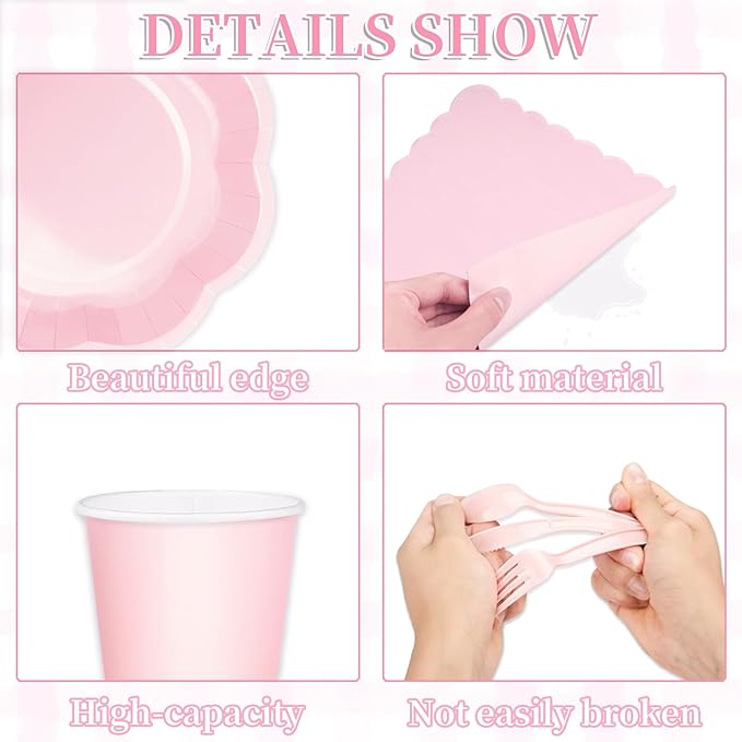 192 Pcs Pink Paper Plates And Napkins Set Party Supplies - For 24 Guests Paper Plates And Napkins Knives Spoons Forks Cups - For Baby Shower Bridal Shower Wedding