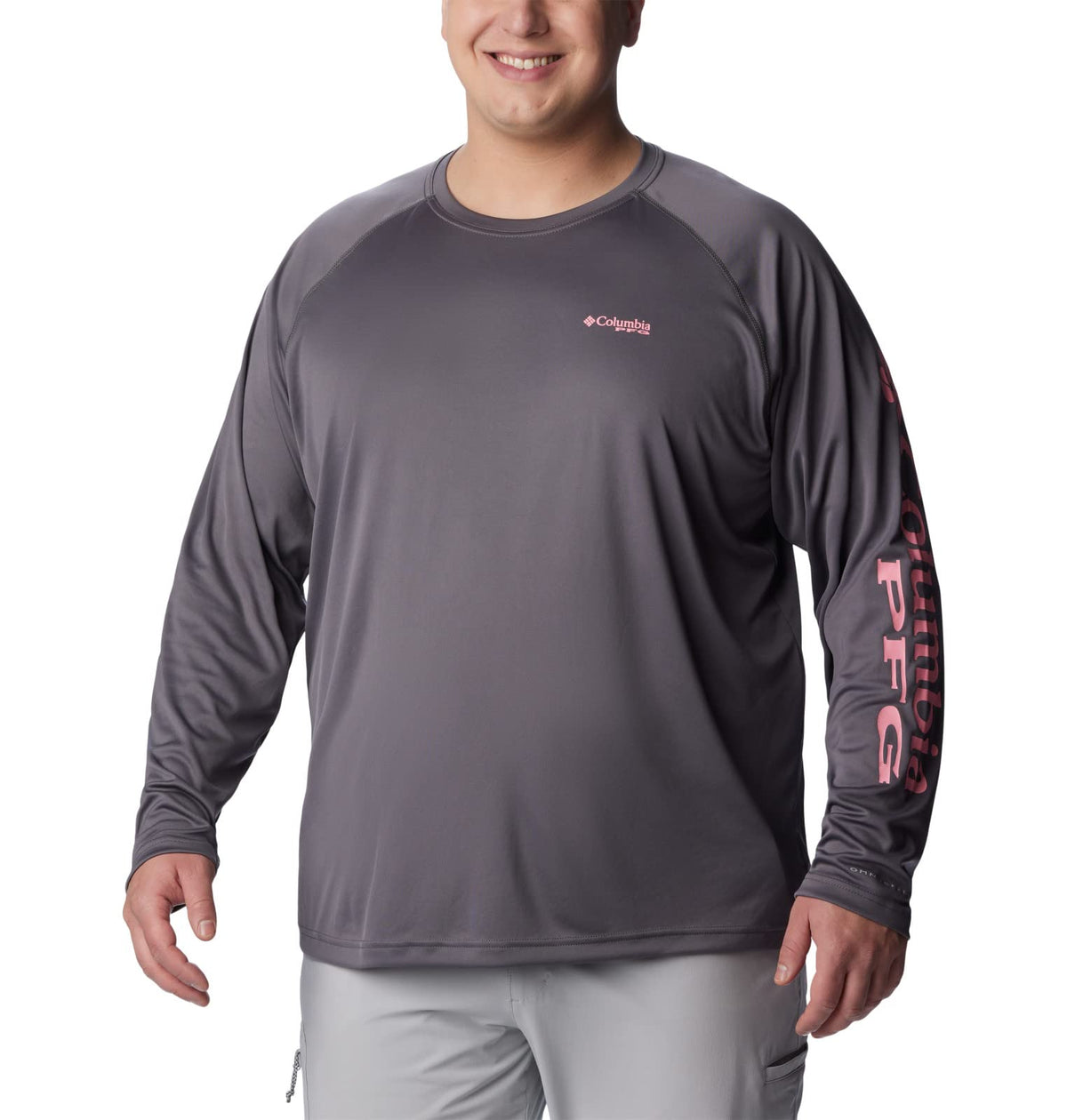 Columbia Men's Terminal Tackle Long Sleeve Shirt, City Grey/Pink Pop Logo, Large Tall