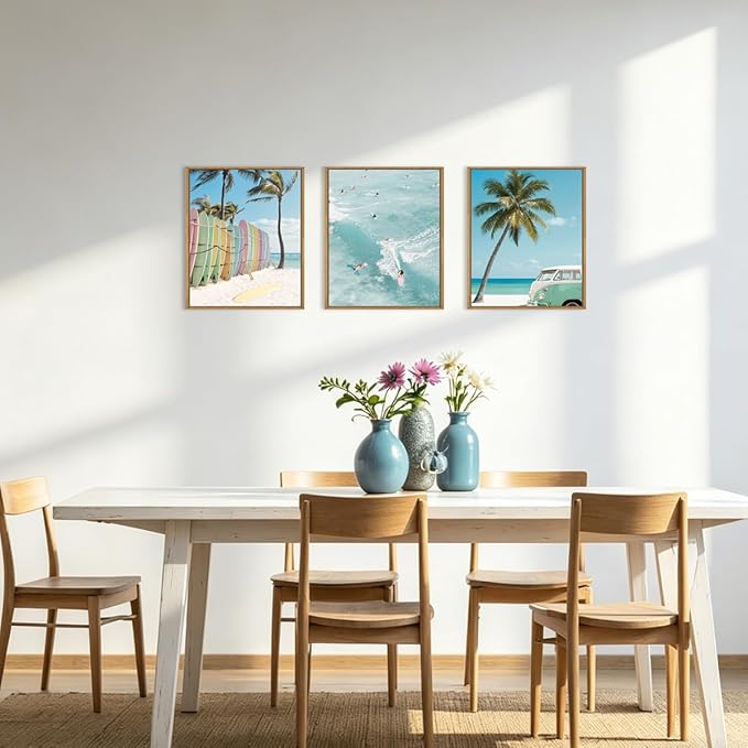 KAIRNE Ocean Beach Framed Canvas Wall Art Set, Coastal Seascape Surfboard Wall Decor, Modern Palm Tree Art Prints, Summer Surfing Blue Artwork for Living Room, Bedroom, Farmhouse, Office-12 x16 x3