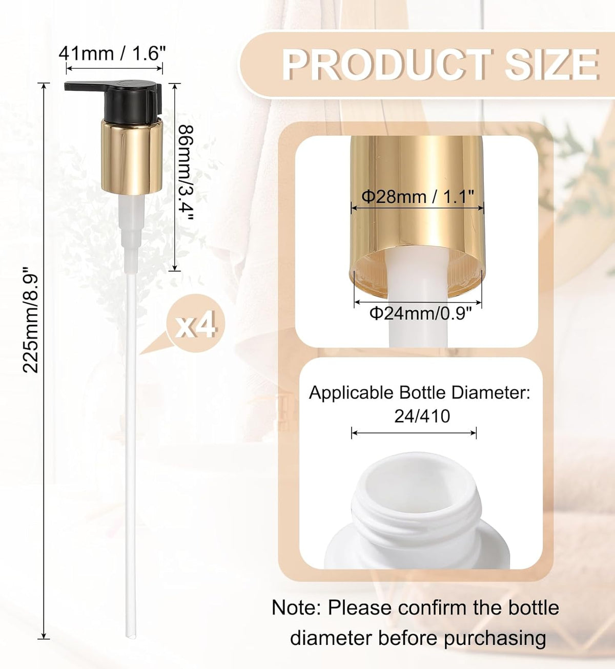 uxcell 4 Pcs Soap Dispenser Pump Heads, Hand Soap Dispensers Top Pumps Replacement Clip-on Pumphead for Standard 24/410 Neck Size Bathroom Lotion Shampoo Bottle, Gold Black
