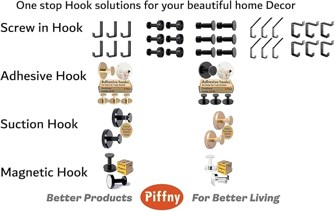 Piffny Robe & Towel Hook, 6 Pack Heavy Duty Stainless Steel Outdoor Wall Hooks