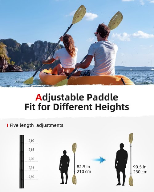 Abahub Adjustable Kayak Paddle - Floating Oars for Boating & Canoeing | 210-250 cm, Black