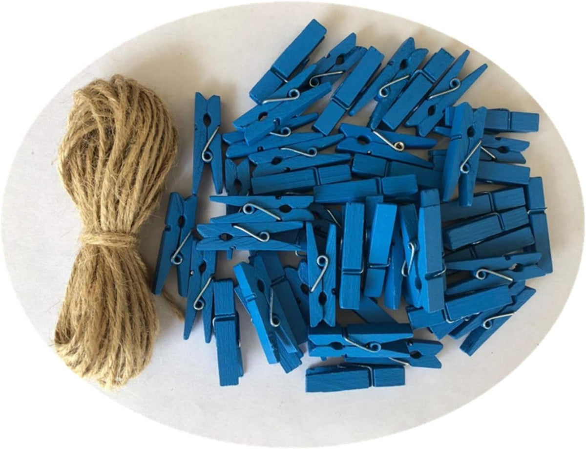 DurReus Wood Clothes Pins for Crafts Party Decor Small Clips Hold Card with Jute Twine Dark Blue Pack 50