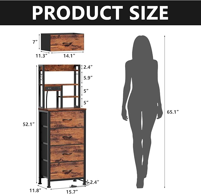 Furnulem Tall Night Stand, LED Nightstand with Charging Station and USB Ports, 4 Fabric Drawers and 4 Tier Storage Shelf, Bedside Table for Bedroom, Home, Dorm, Office (Rustic Brown)