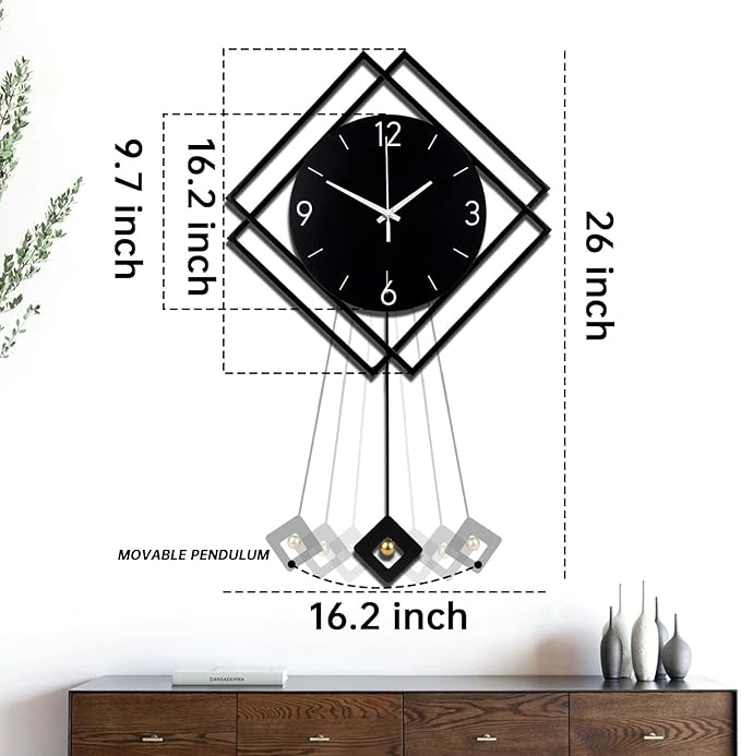 Wall Clock with Pendulum, Silent Quality Quartz Battery Operated, Modern Large