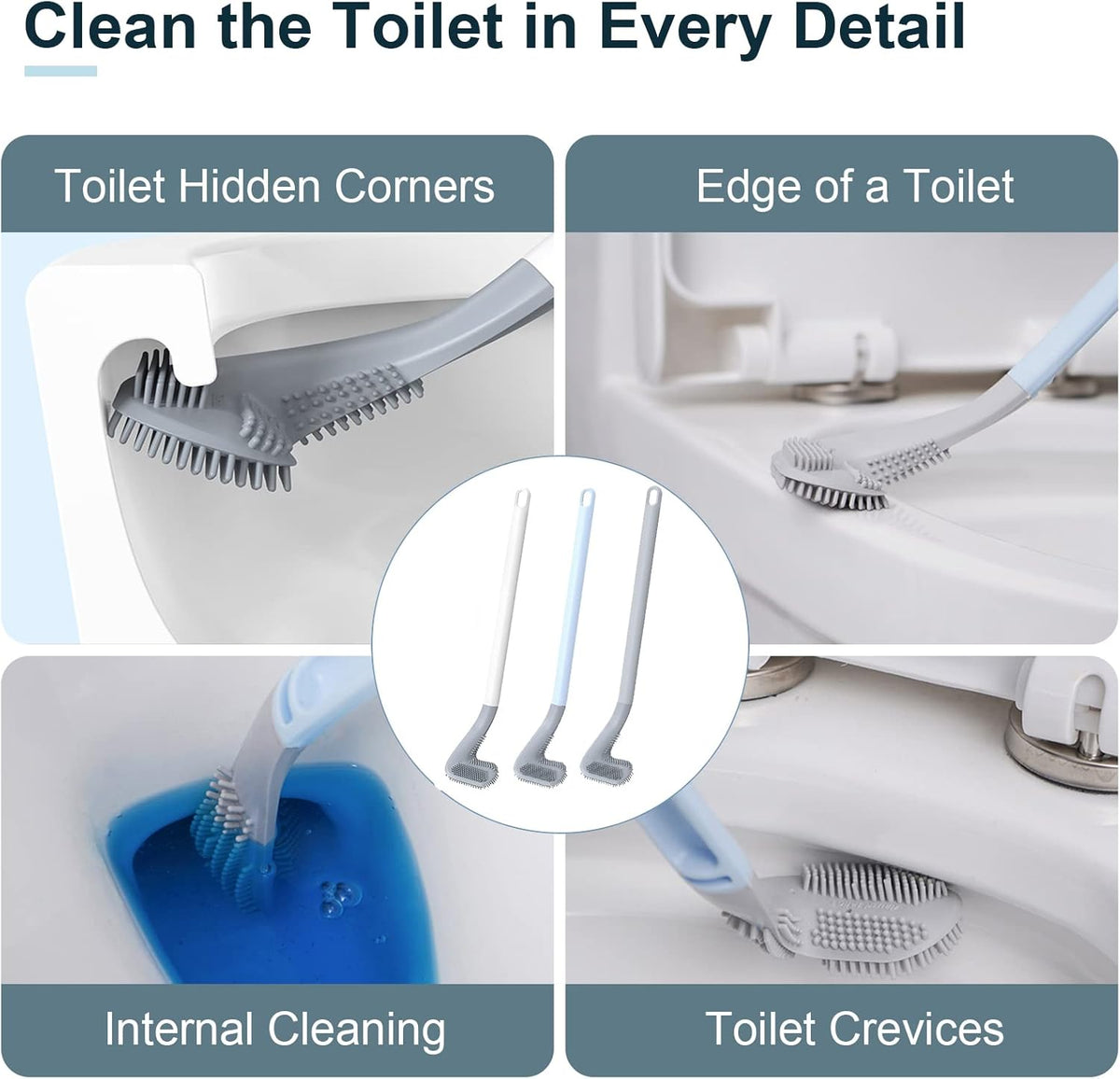 3 Pack Golf Toilet Brush, Flexible Long Handled Toilet Cleaning Brush, 360° No Dead Space Deep Toilet Cleaning Brush, Toilet Brush for Bathroom, with Hook (White + Blue + Grey)
