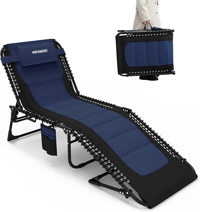 Oversized Padded Outdoor Folding Lounge Chair for Adults 330Ibs Patio Chaise Lounge Chair for Outside Adjustable 5-Position Reclining Beach Chair with Pillow Pocket