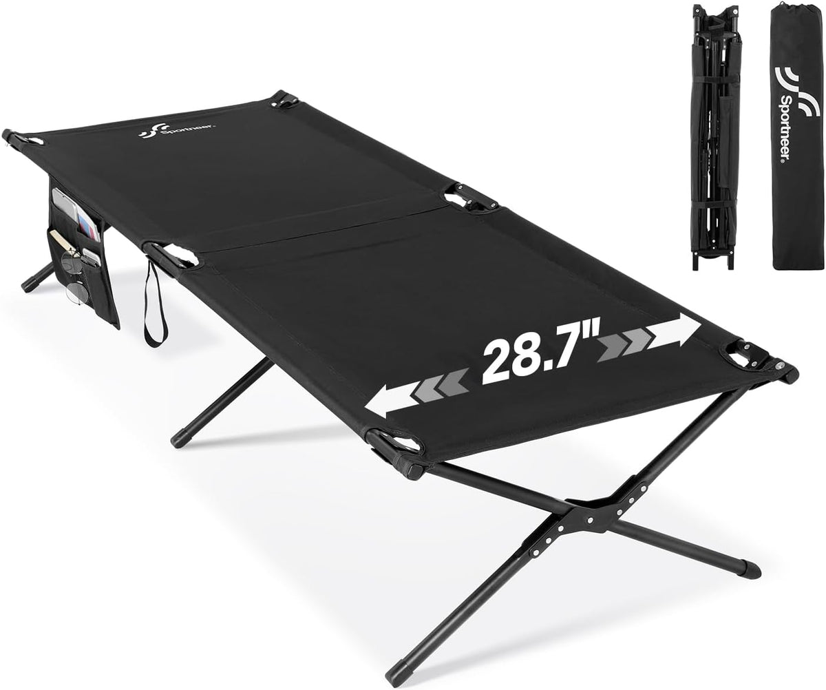 Sportneer Camping Cot: 78.3"x28.7"x14.6" Comfort Cot Bed for Camping Traveling Guest Bed, Sleeping Cots for Adults with Side Pockets & Storage Bag - Ease of Assembly, Support 330 Lbs