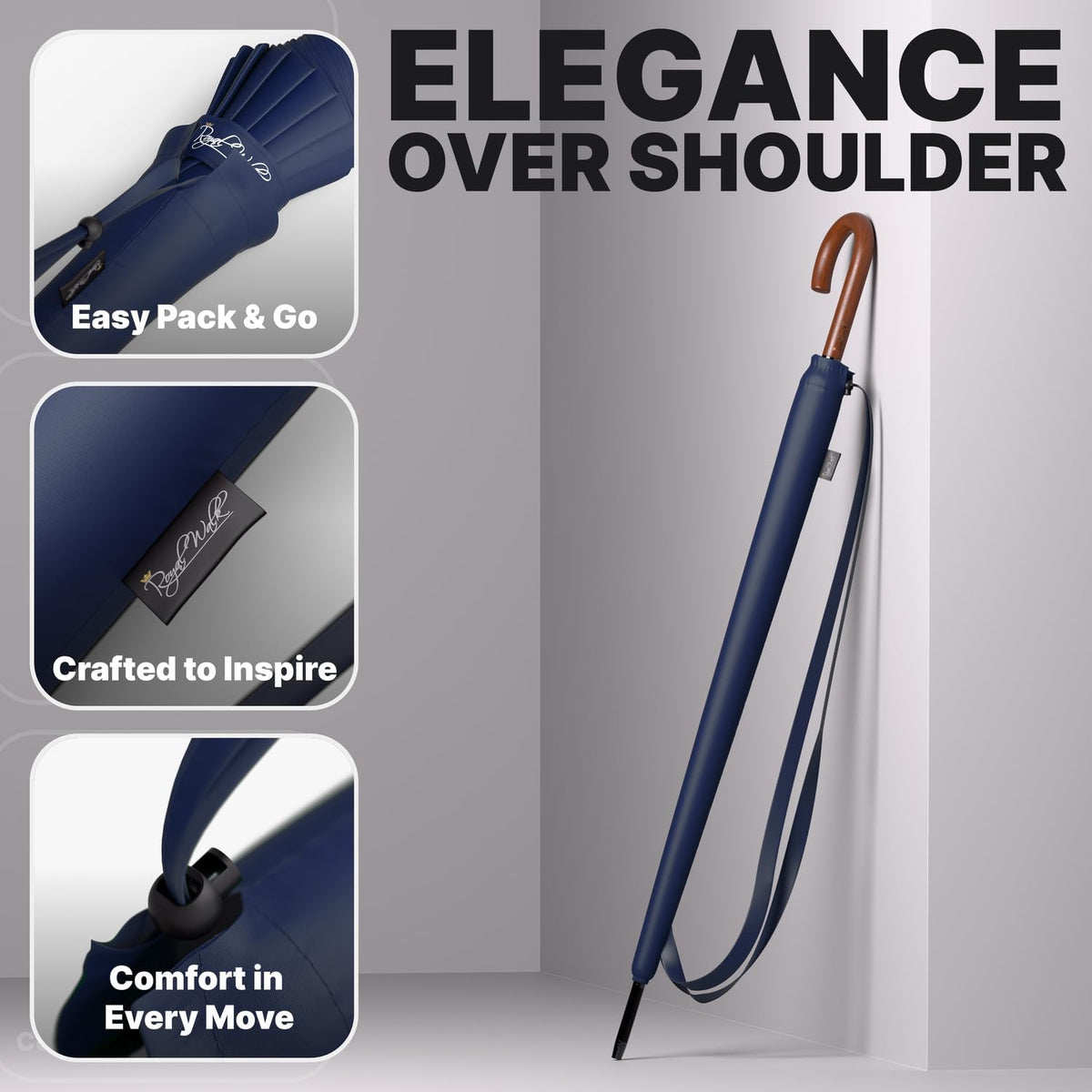 Royal Walk Large Windproof Umbrella for 2 - Navy Blue, 54 Inch, Auto Open, Wooden Handle, 16 Ribs