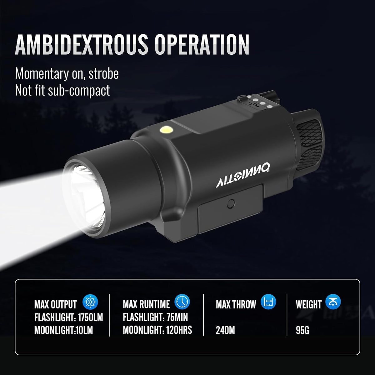 Skiennix 1750 Lumen Tactical Flashlight - Rechargeable Pistol Light with Strobe & Moonlight Mode