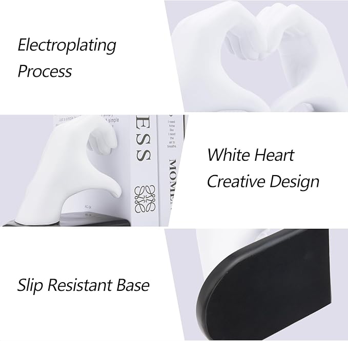 White Bookends, Heavy Duty Bookend Holder Decor, Finger Heart Shaped, Modern Art Sculpture, Bookends Decorative, Boho Decor for Desktop Bedroom Study Room(White)