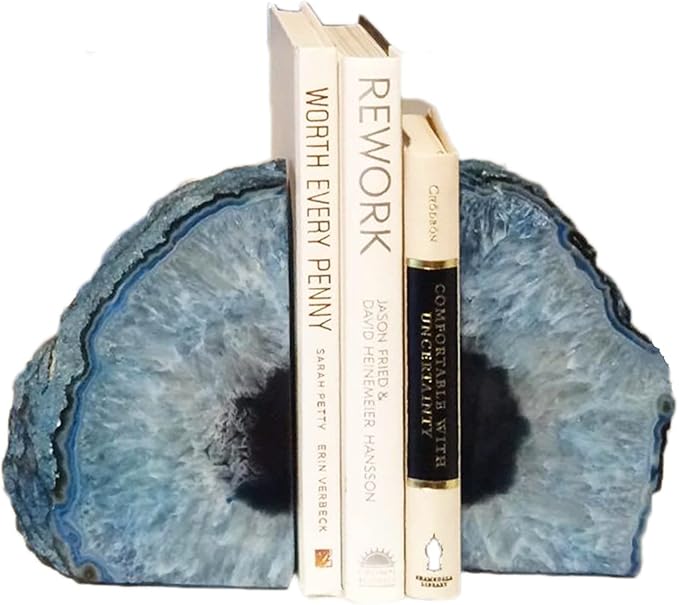 JIC Gem Agate Bookends Dyed Blue Book Ends for Heavy Books Geode Bookends for Bookshelf Decor Cute Stone Bookends with Rubber Bumpers for Office Décor and Home Decoration(1 Pair,6 to 8 Lbs)