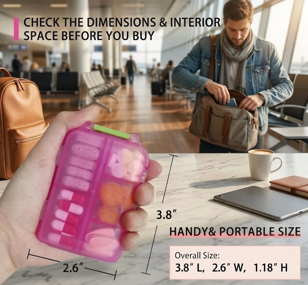 Skiennix Pill Organizer - Travel-Friendly Daily Medication Case with 161 Labels - Mini Size in Pink
