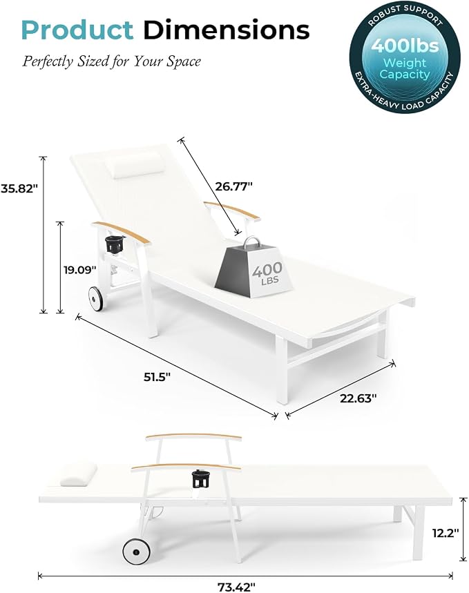 Ciokea Outdoor Lounge Chair with Pillow Set of 2, 5-Position Aluminum Chaise Lounge with Wheels & Armrests, 400 lbs Heavy Duty Patio Pool Chair for Backyard, Deck, Beach & Poolside, White