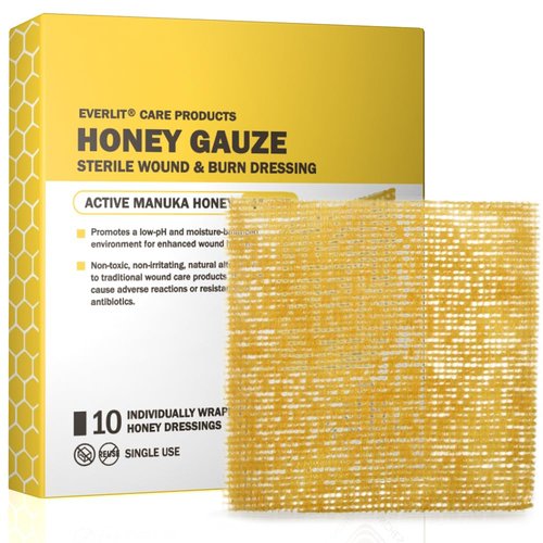 EVERLIT CARE Manuka Honey Dressing | Sterile Non-Adhesive Pads with Unadulterated Medical-Grade Honey | Advanced Healing for Burn, Chronic Wound, Donor Sites, Pressure & Diabetic Ulcer (4" Gauze)