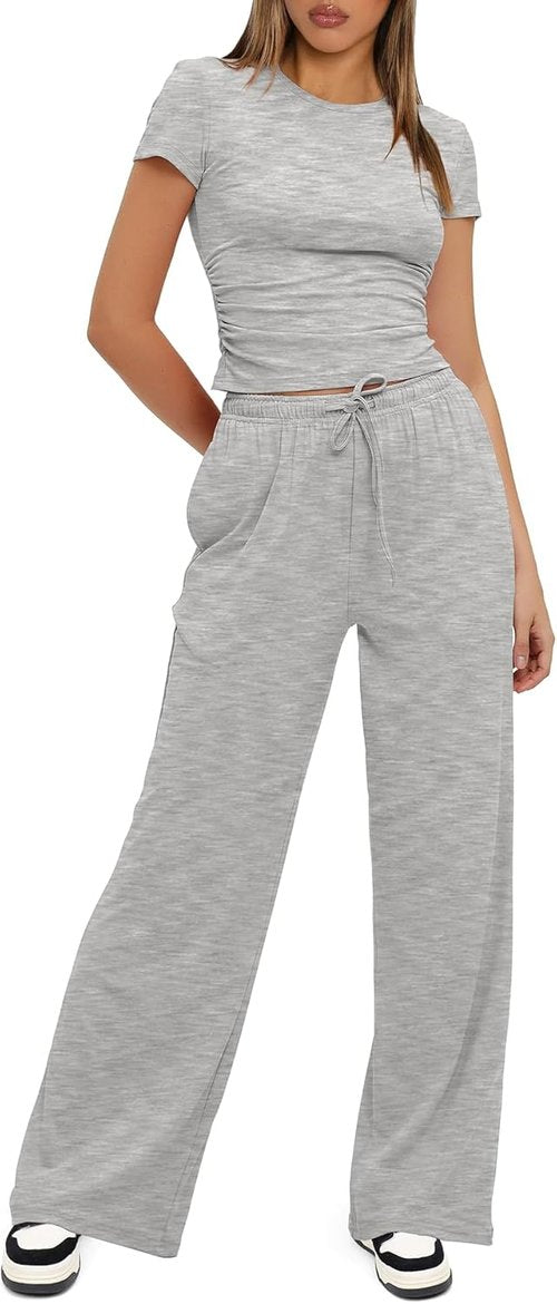 Darong Women's Summer Lounge Set - Side Ruched Crop Top & Wide Leg Pants | Stylish Comfort Outfit