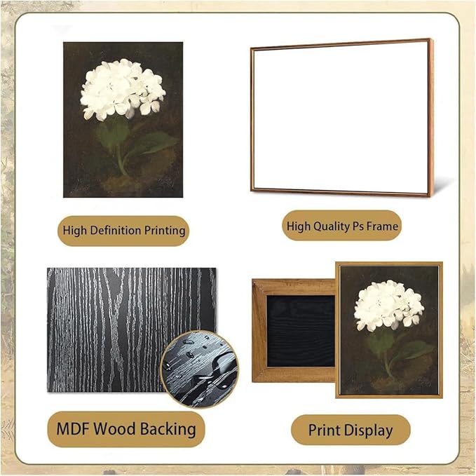 Djmwtb Vintage Framed Wall Art Floral Canvas Wall Art Prints White Hydrangea Paintings Flower Botanical Aesthetic Pictures Wall Decor Artwork for Living Room Bedroom Bathroom Office 16x24in