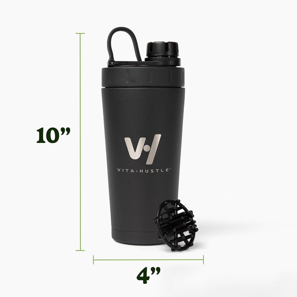 VitaHustle Stainless Steel Shaker Cup with Twist Cap, Leakproof, Blender Ball, Perfect for Protein Shakes or Post Workout, Fits Car Cup Holder, BPA Free, 20 oz (Black)