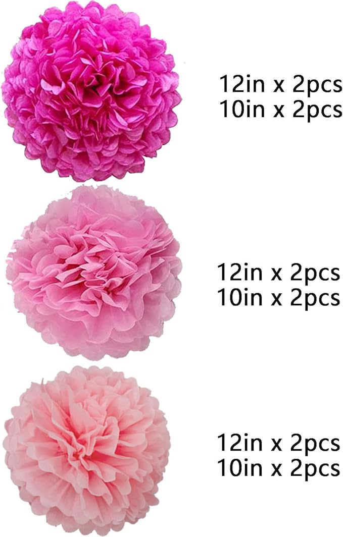 We Moment Hot Pink and Light Pink Paper Pom Poms for Wedding Birthday Party Decoration - Ceiling Wall Hanging Tissue Flowers - 12pcs, 3 Colors of 12 Inch, 10 Inch