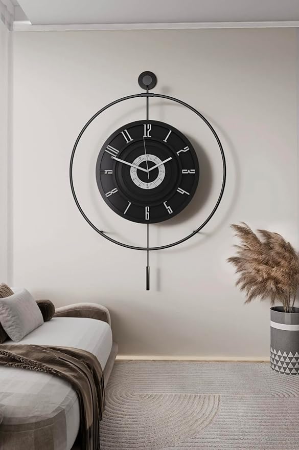 Large Luxury LED Backlit Wall Clock – Pendulum Roman Numeral Metal Ring