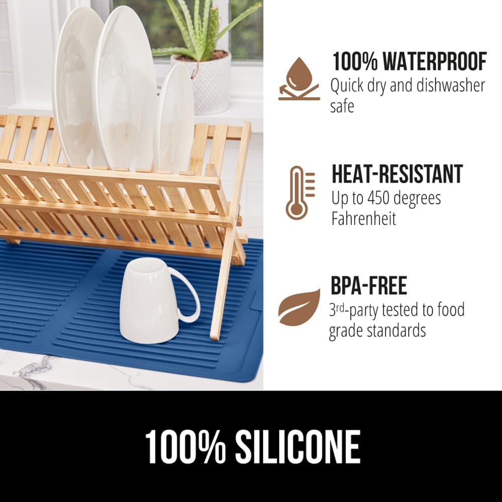 GORILLA GRIP 100% BPA-Free Patented Silicone Dish Drying Mat for Kitchen Counter, 18x24 Inch, Water Catching Ribbed Design, Easy Clean Waterproof Sink Liner, Heat Resistant, Fits Under Rack, Blue
