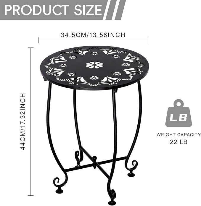 Small Outdoor Side Tables - 14 Inch Metal Patio Side Table, Anti-Rust Waterproof Outdoor Round End Table for Patio Porch Garden Yard Balcony, Black (Style A)