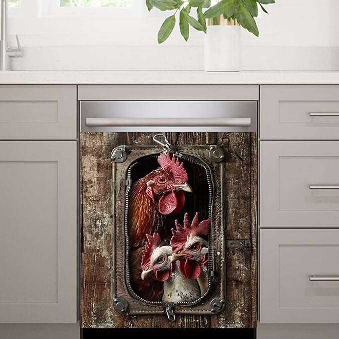 Wood Board and Rooster Wallpaper Dishwasher Magnet Cover,Fridge,Refrigerator Magnetic Panel Decals,Home Appliances Cabinet Magnets Sticker 23W x 17H inchs