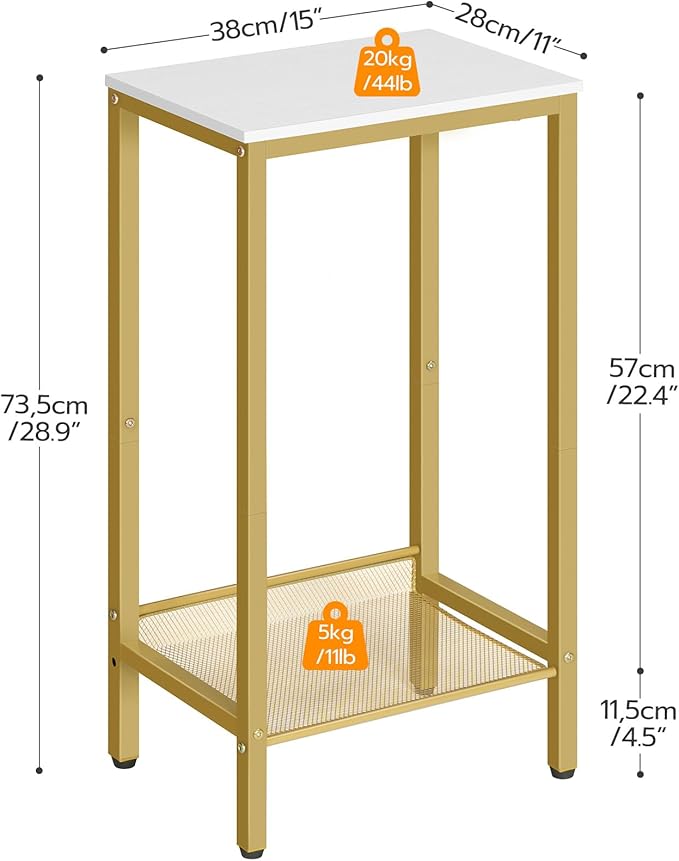 HOOBRO Tall Side Table, Industrial End Telephone Table with Adjustable Mesh Shelves, Small Tall Night Stand for Living Room, Bedroom, Entryway, Office, White and Gold DW03DH01
