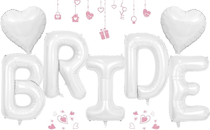 40inch White BRIDE Letter Balloons, Giant White Bride Foil Helium Balloon Banner with Heart Balloon for Bride to Be Wedding Engagement Bridal Shower Bachelorette Party Decoration