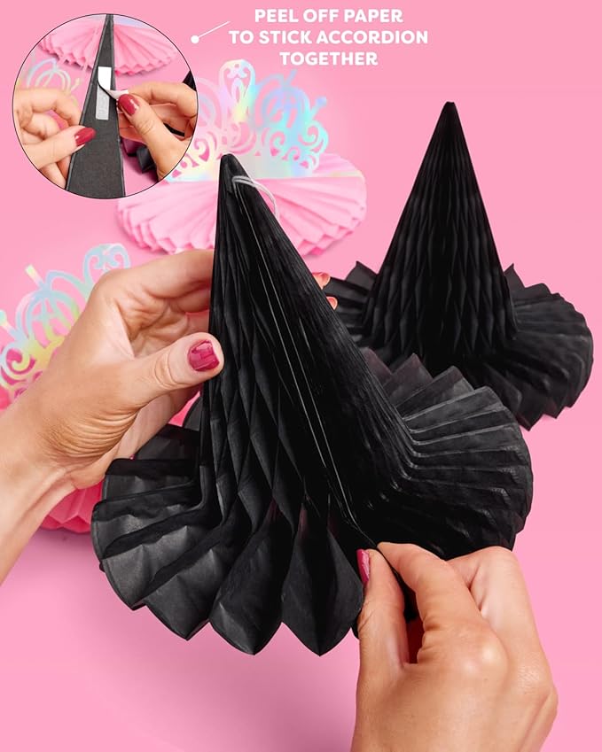 xo, Fetti Witch Party Hanging Decor - Set of 4 | Pink Tiara + Black Hat | Iridescent Centerpieces, Magical Birthday Decorations, 3D Tabletop Setting