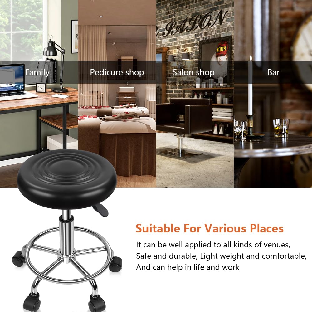 KKTONER PU Leather Modern Round Rolling Stool with Footrest Height Adjustable Spa Drafting Salon Tattoo Work Massage Stools Task Chair Small (Black)