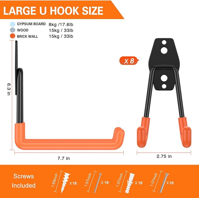 HUPBIPY Heavy Duty Garage Hooks 8 Pack, 7.7 inch U Shaped Long Hanger, Wall Mounted Storage System, Power and Garden Tool Organizer, for Hanging Ladders, Bikes, Hose, Bulk Items and More